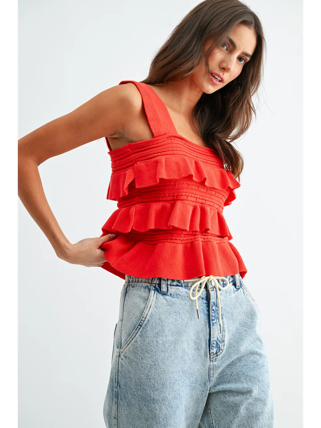 Red Ruffled Knit Sleeveless Top
