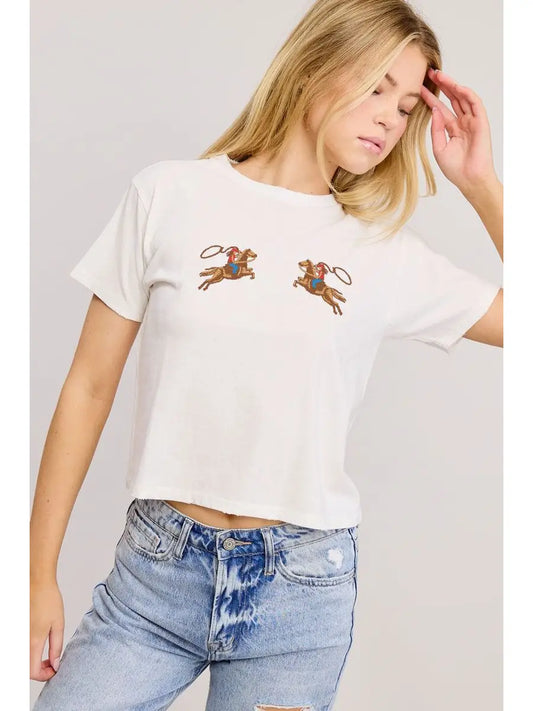 'puff' Stitch Cowgirl Graphic S/S Seamless Faux Crop