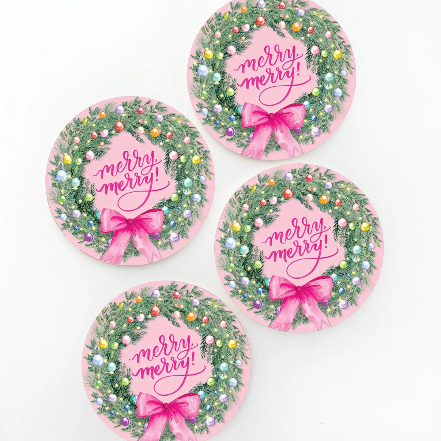 Merry Merry Rainbow Wreath Christmas Coaster Set