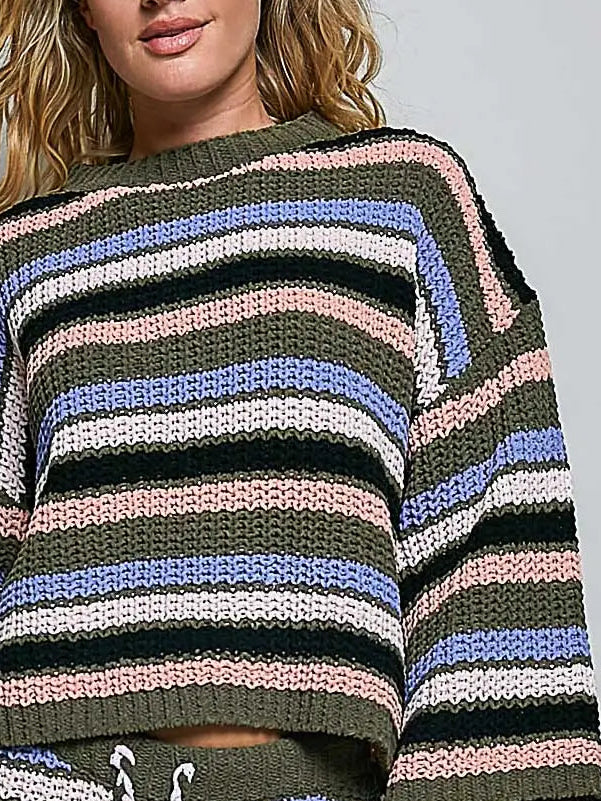 Striped Pattern Round Neck Chenille Sweater Pullover Top