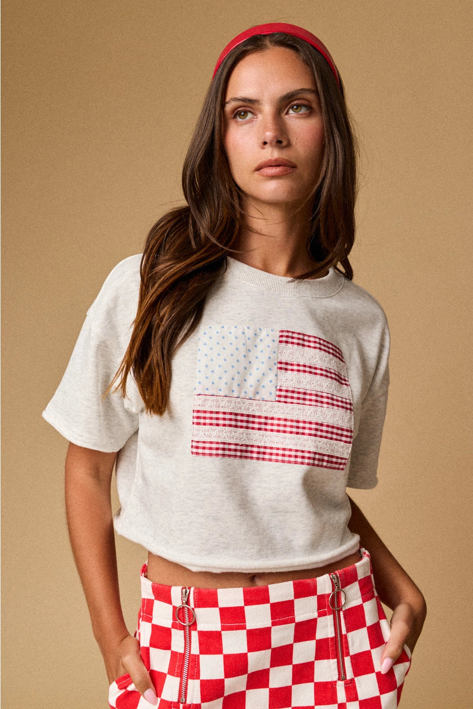 Crew Neck American Flag Patch S/S Top