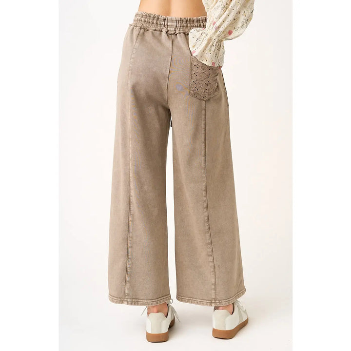 Eyelet Lace Pocket Mineral Wash Wide Leg Pants