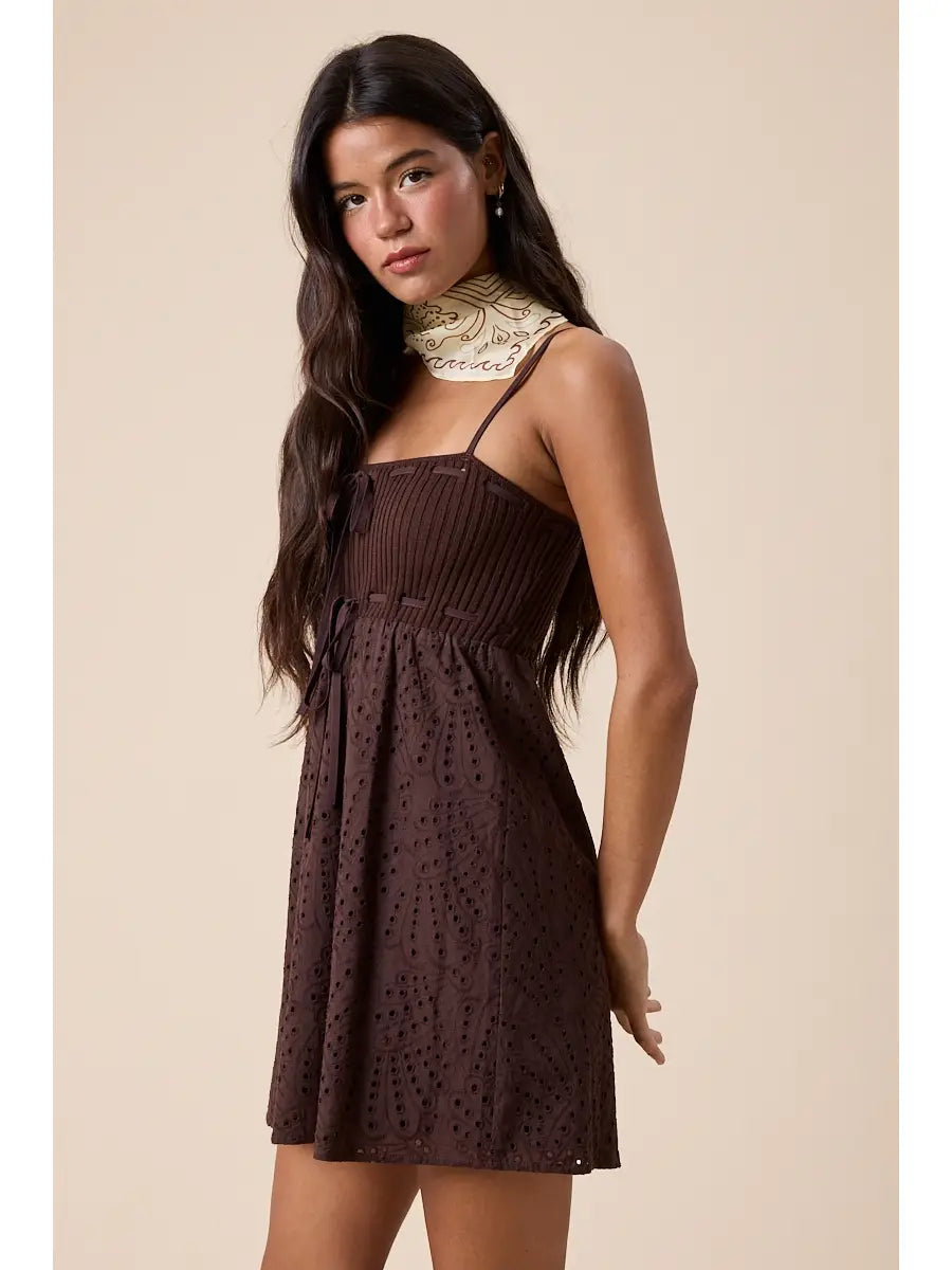 Knit Bust Eyelet Print Front Tie Swing Mini Dress
