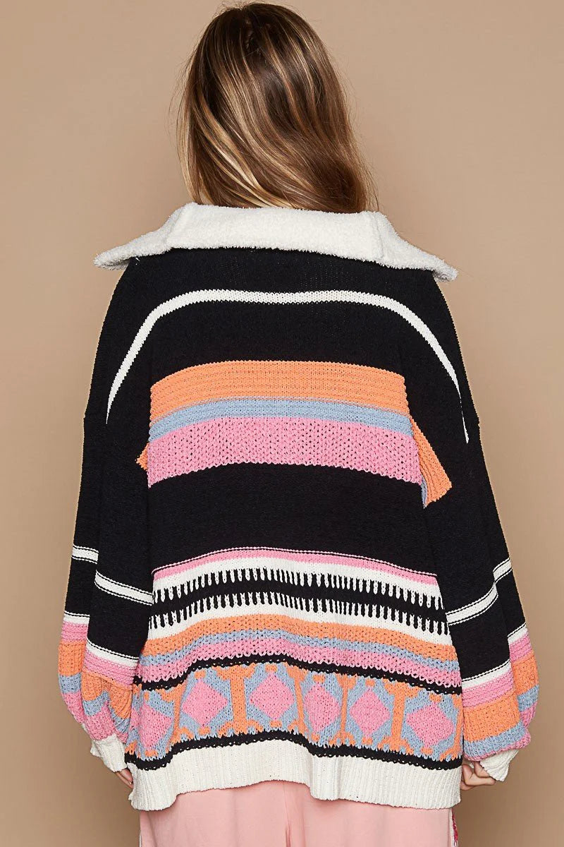 High Collar Half Zipper Ethnic Color Block Pullover Sweater
