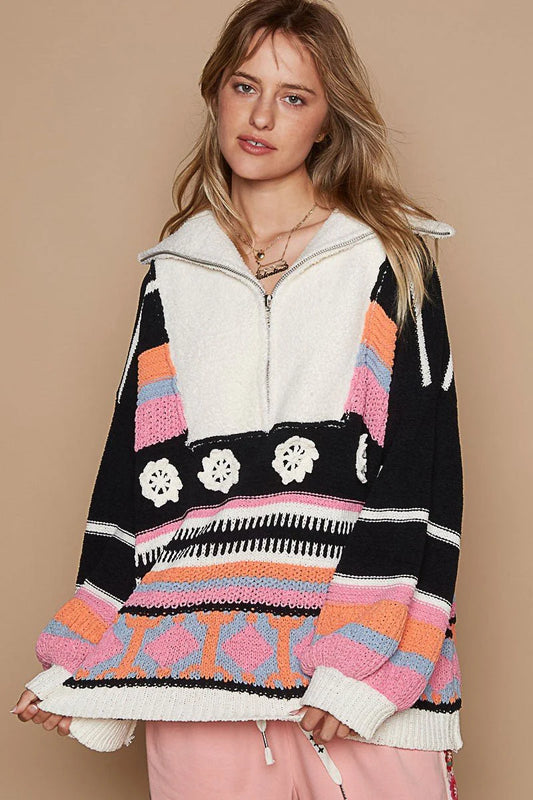 High Collar Half Zipper Ethnic Color Block Pullover Sweater