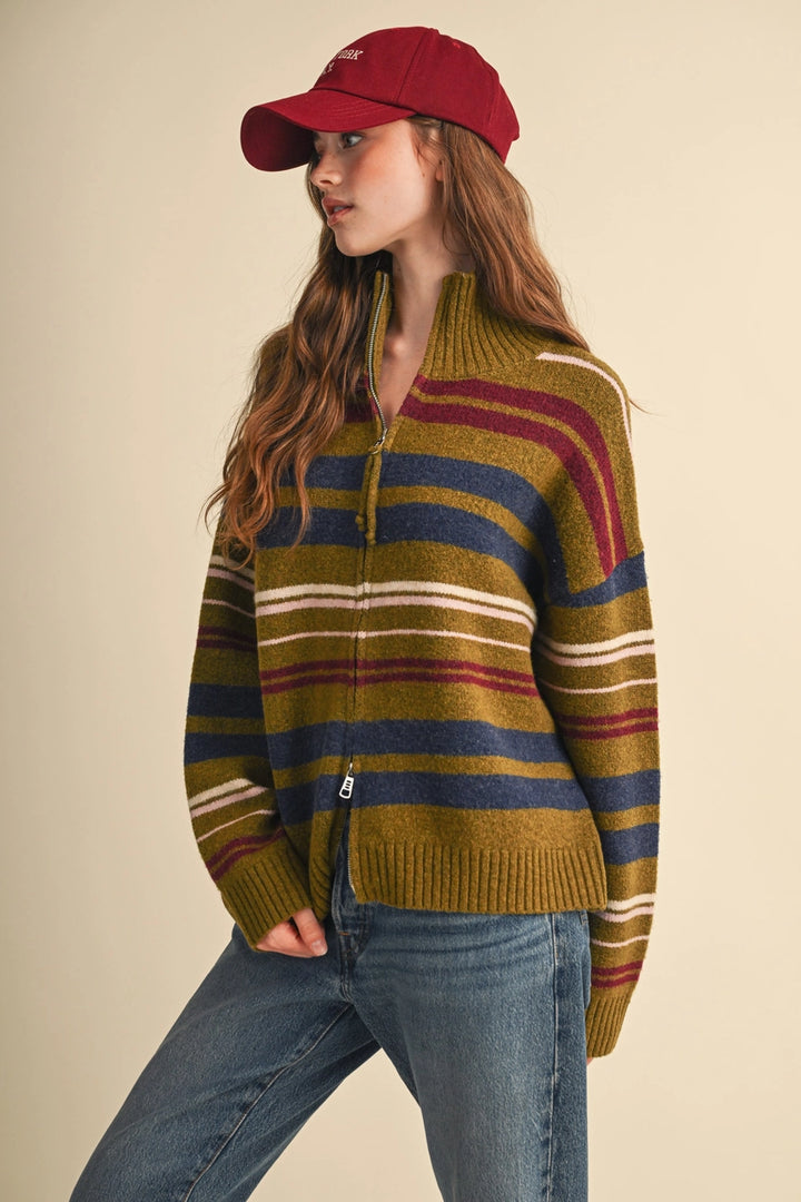 Striped Mock Neck Zip Up Cardigan
