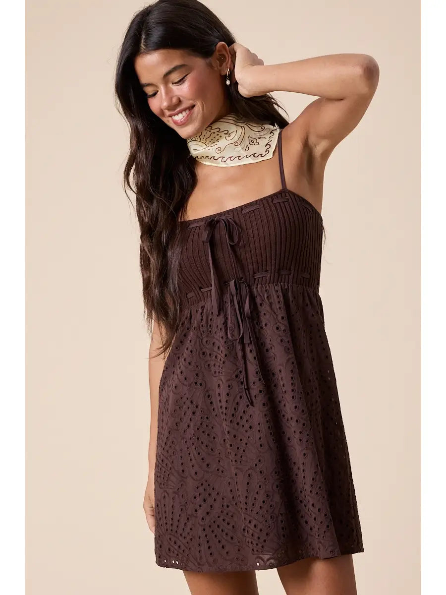 Knit Bust Eyelet Print Front Tie Swing Mini Dress