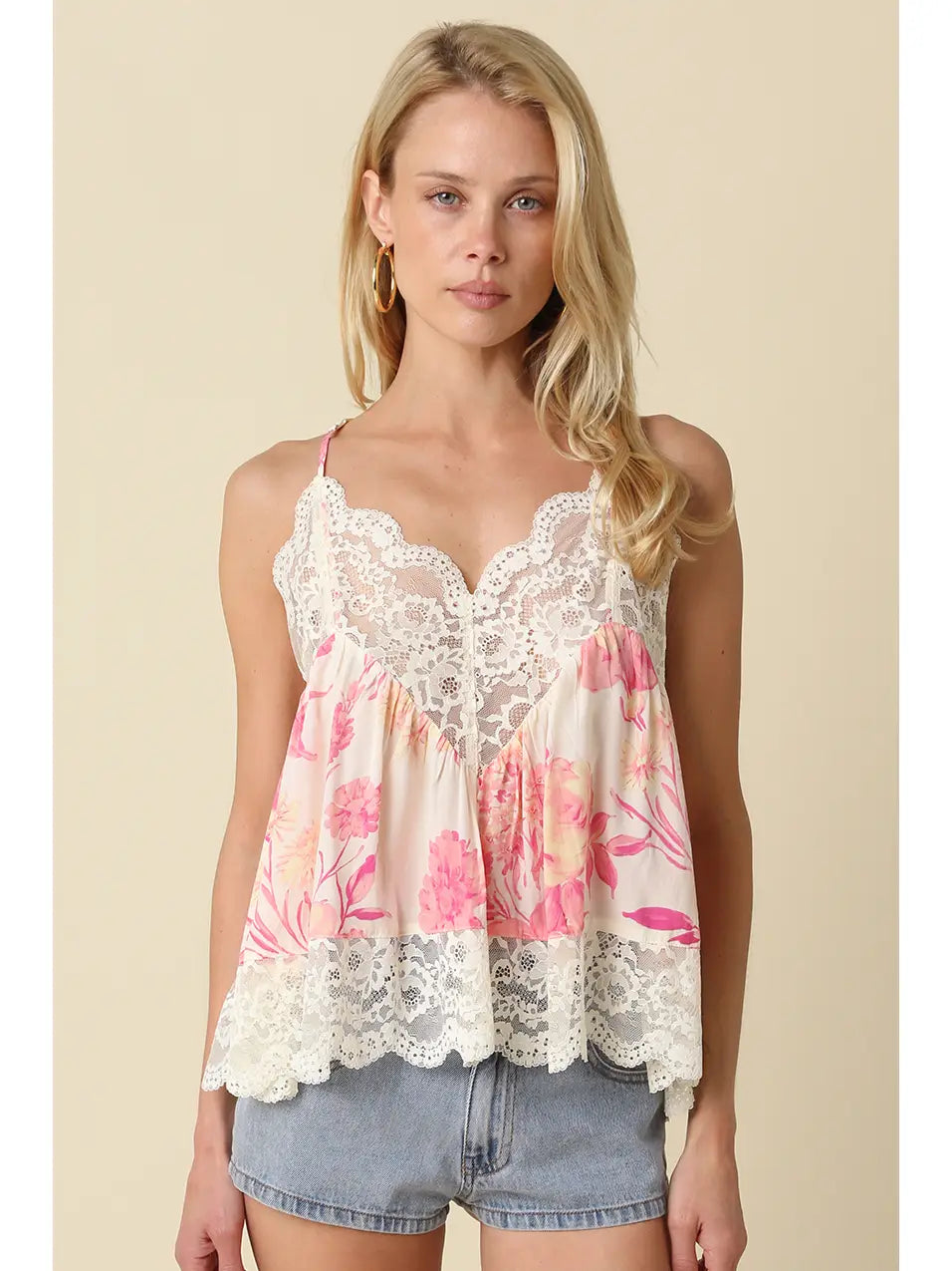 Lia Floral Lace Trim Cami Top