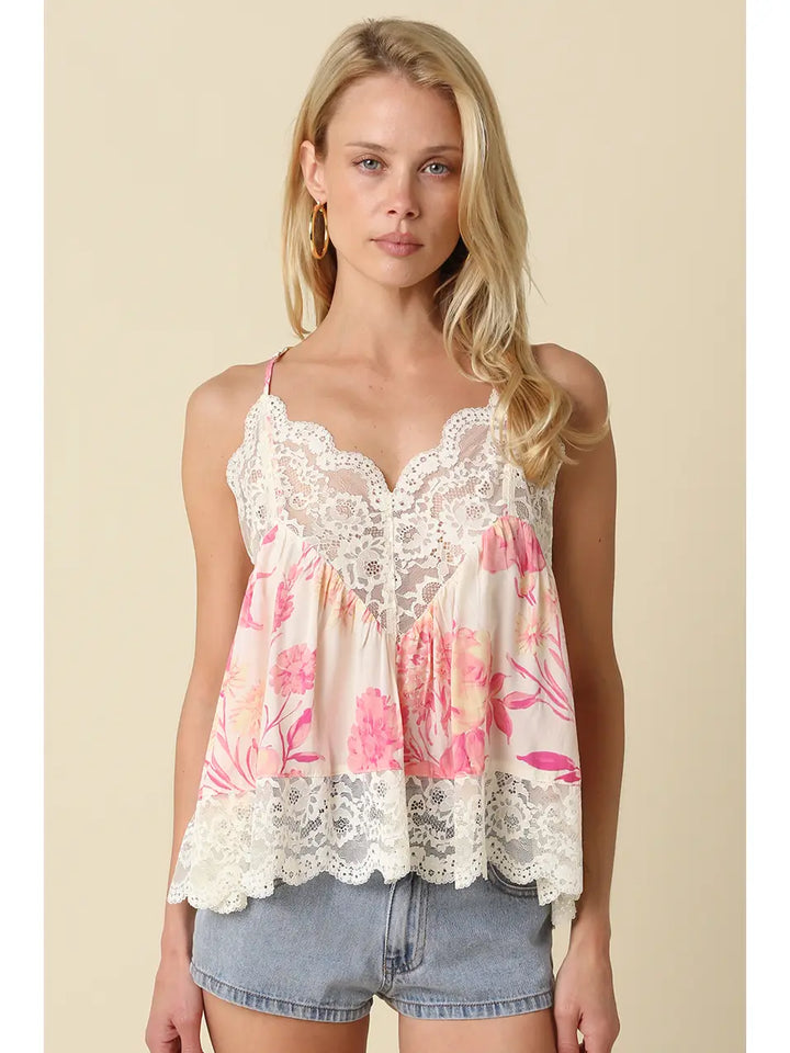 Lia Floral Lace Trim Cami Top