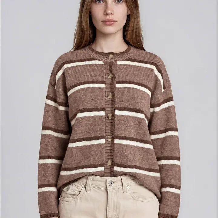 Mocha Stripe Button Down Knit Cardigan