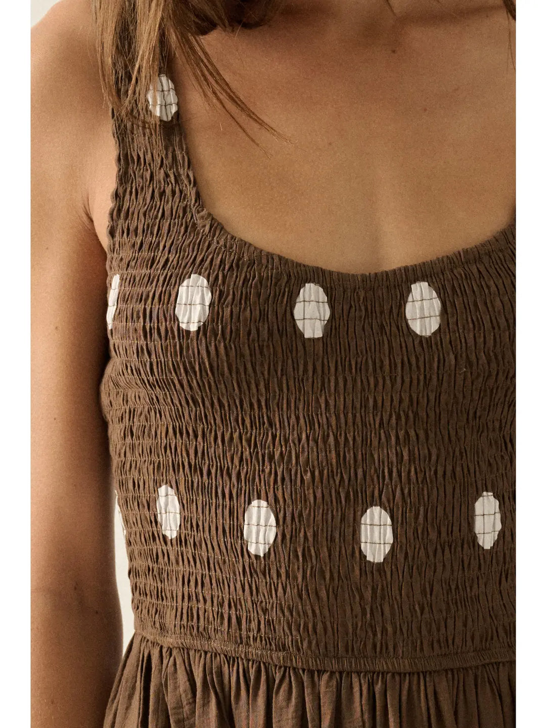 Polka Dot-Print Smocked Sleeveless Pocket Maxi Dress