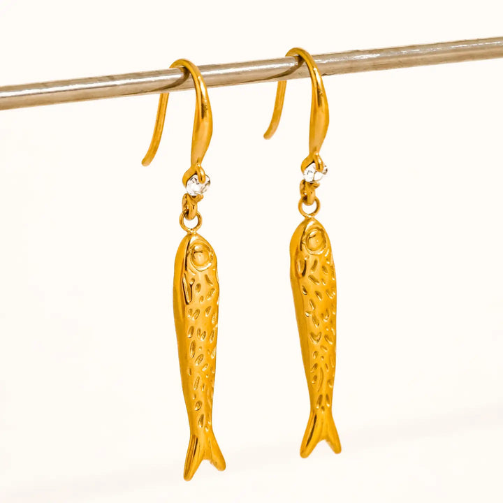 Calypsa 18K Gold Non-Tarnish Fish Charm Drop Earrings