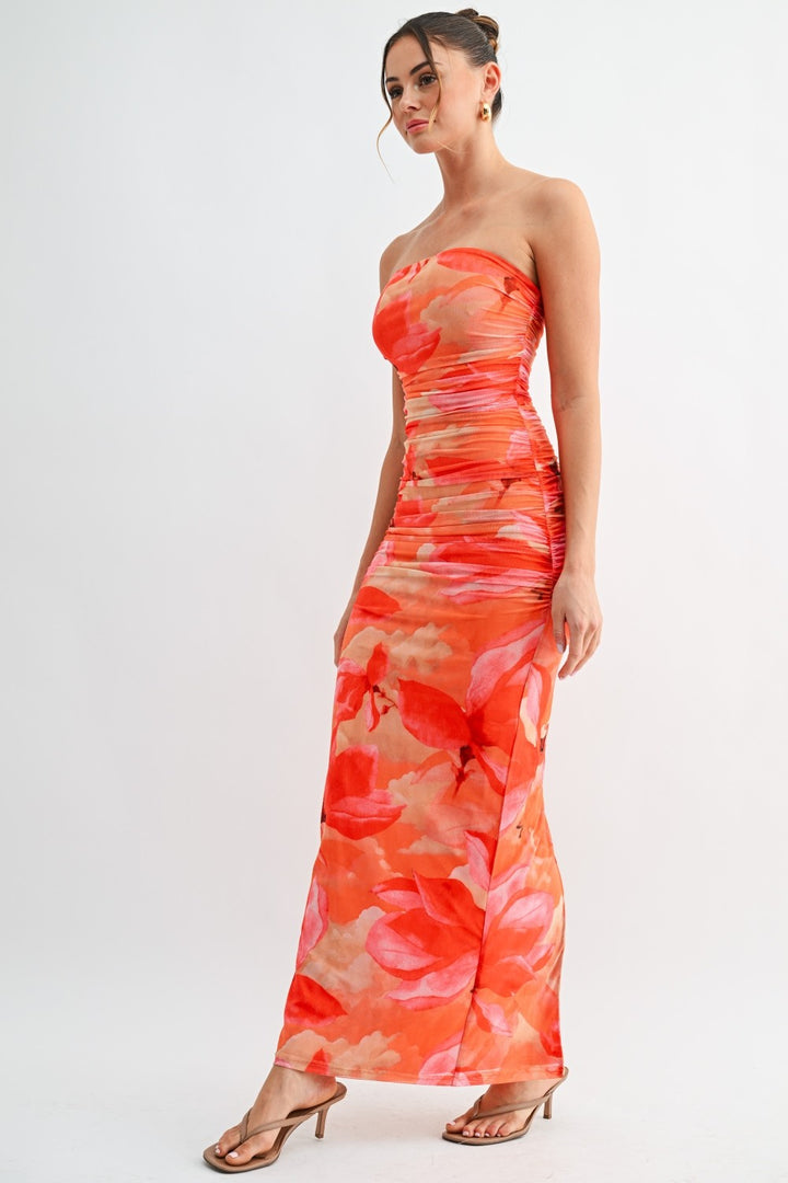Sunset Bloom Ruched Strapless Maxi Dress