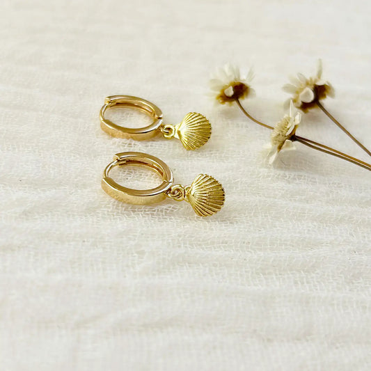 Gold Seashell Charm Hoops
