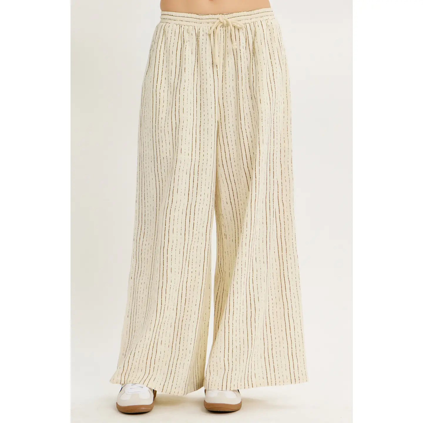 Brown Stripe Linen Blend Wide-Leg Pants