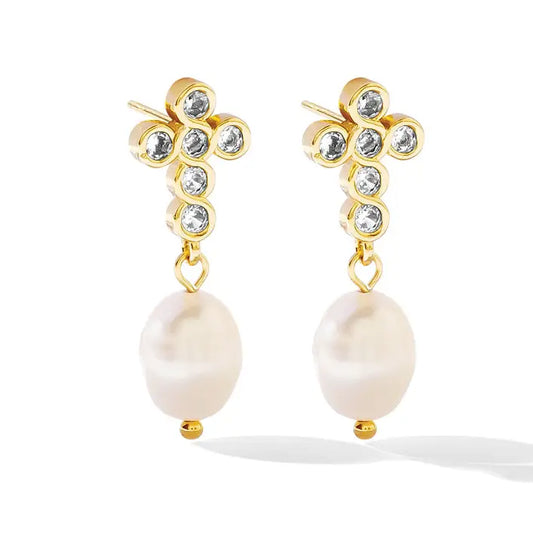 Cz Cross Pearl Drop Earrings