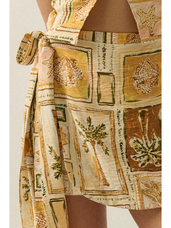 Tropical-Print Side-Tie Wrap Mini Skort