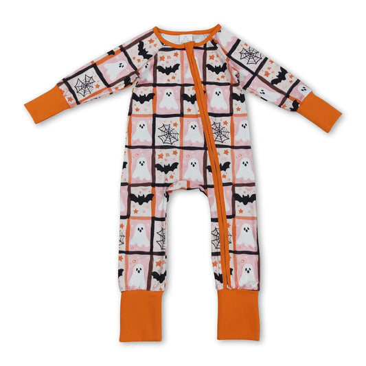 Long Sleeves Ghost Bat Plaid Baby Girls Halloween Zipper Romper