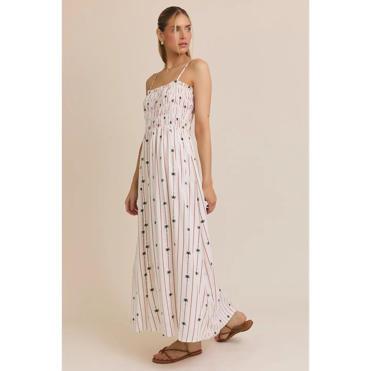 Palm Tree Sleeveless Linen Print Smocked Maxi Dress