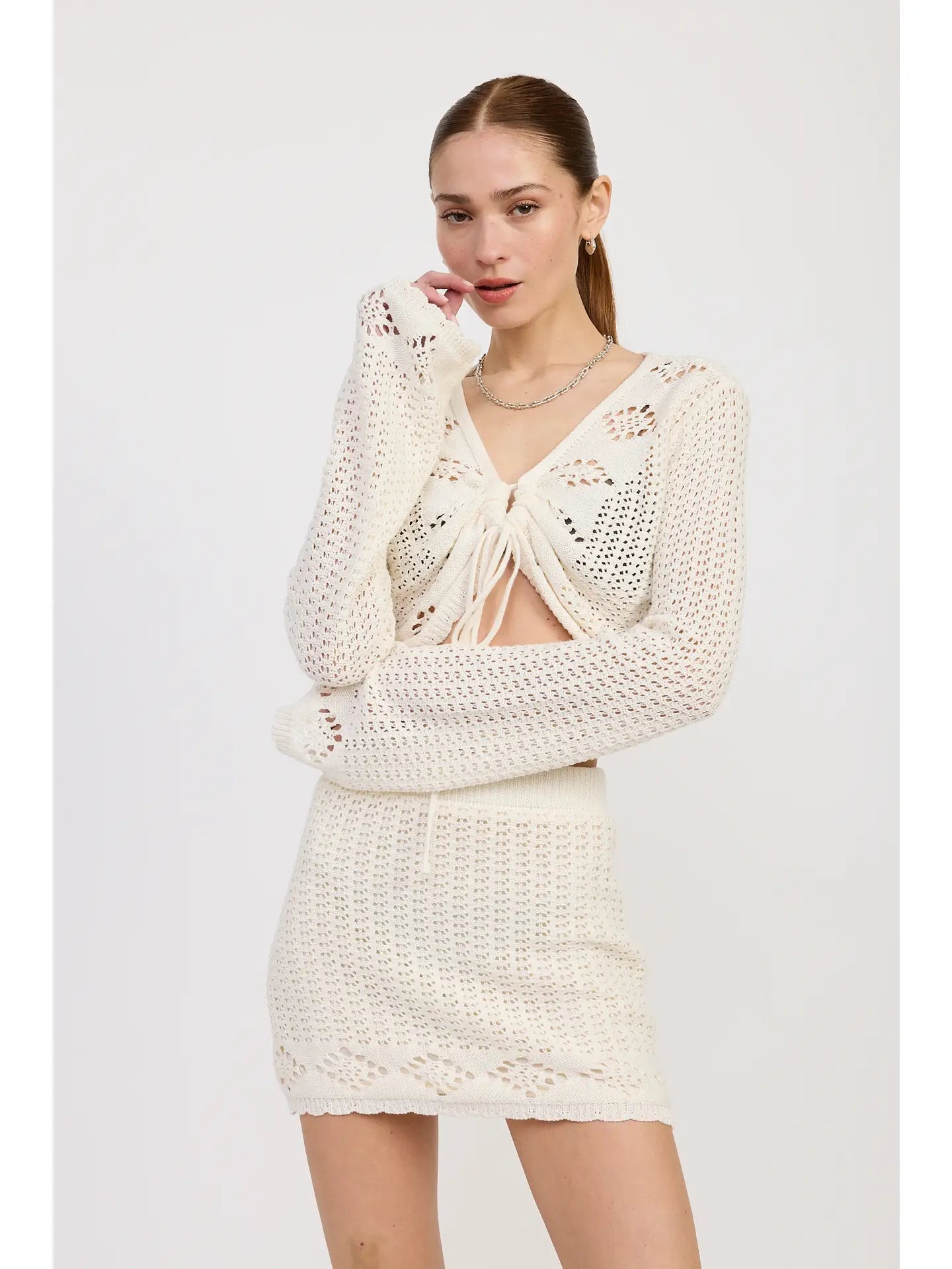 Cropped Crochet Long Sleeve Top