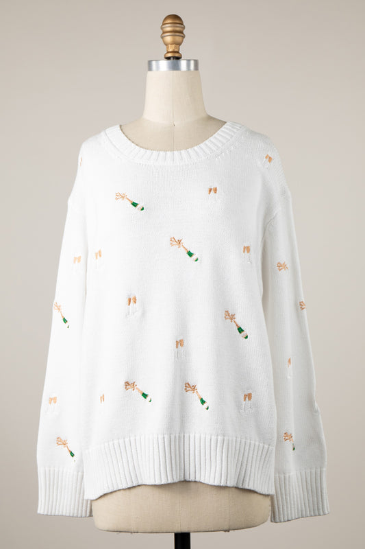 Embroidered Champagne Bottles Sweater Top