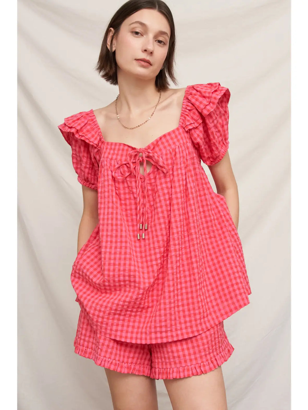 Ruffle Sleeve Square Neck Plaid Top