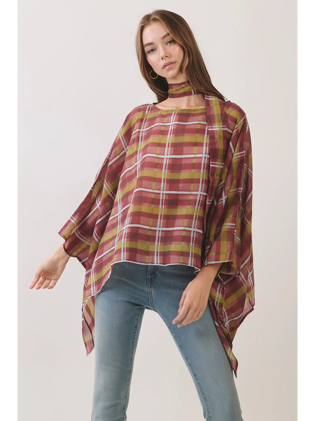 Plaid Scarf Neck Poncho Top