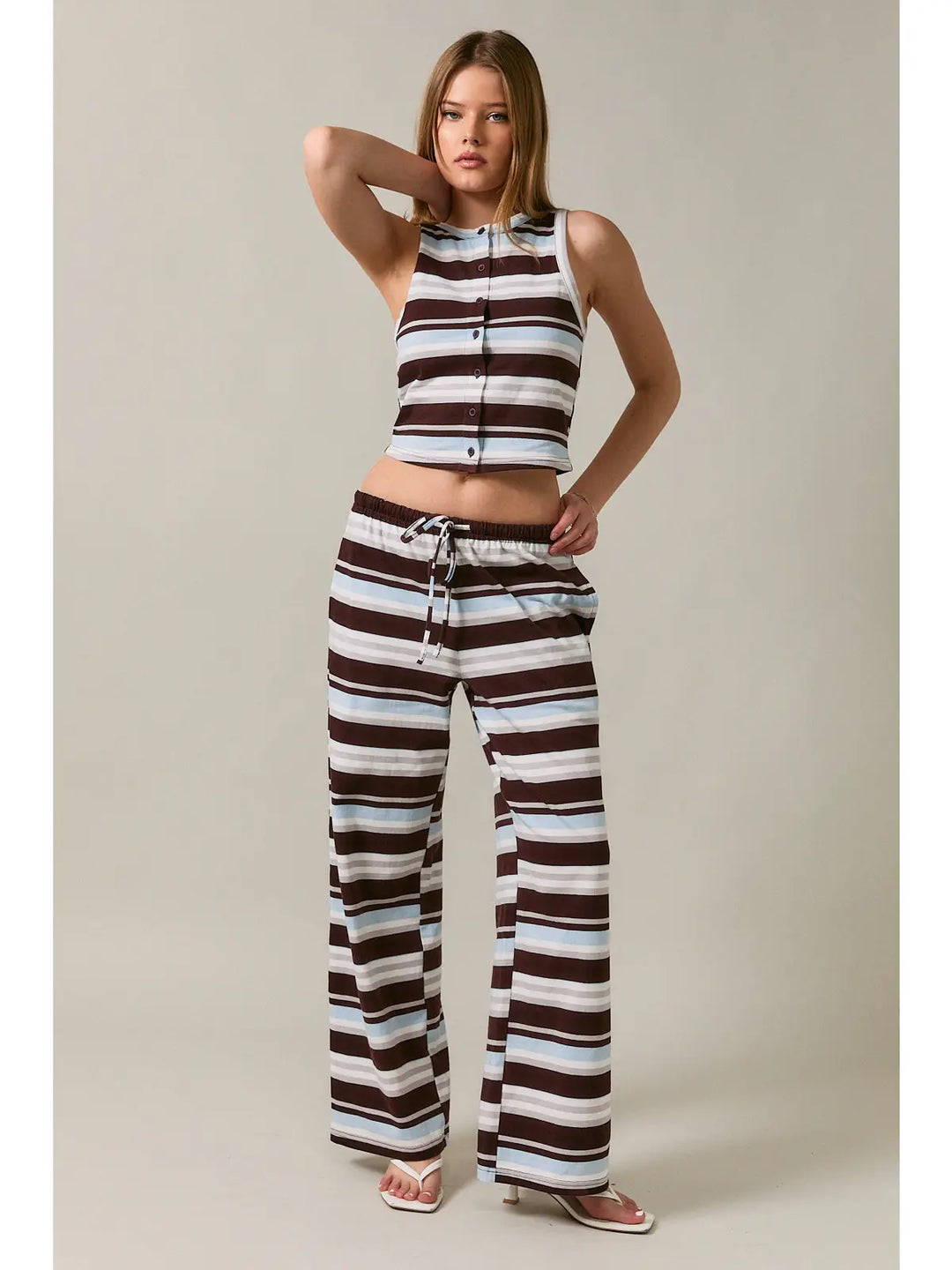 Sleeveless Round Neck Button Up Stripe Tank