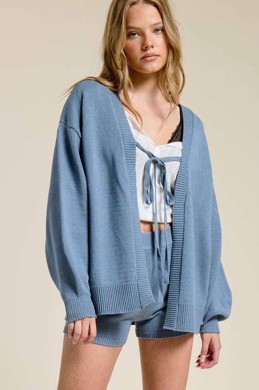 Self-tie Ribbon Slouchy Knit Cardigan Shorts Set