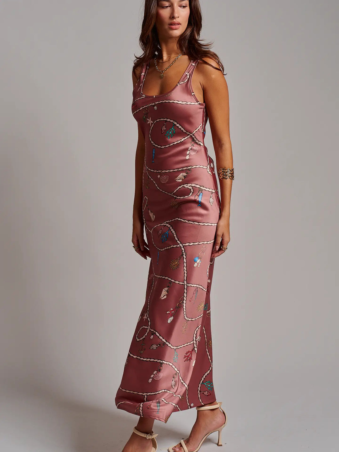 Coastal Rope Print Satin Slip Midi Dress