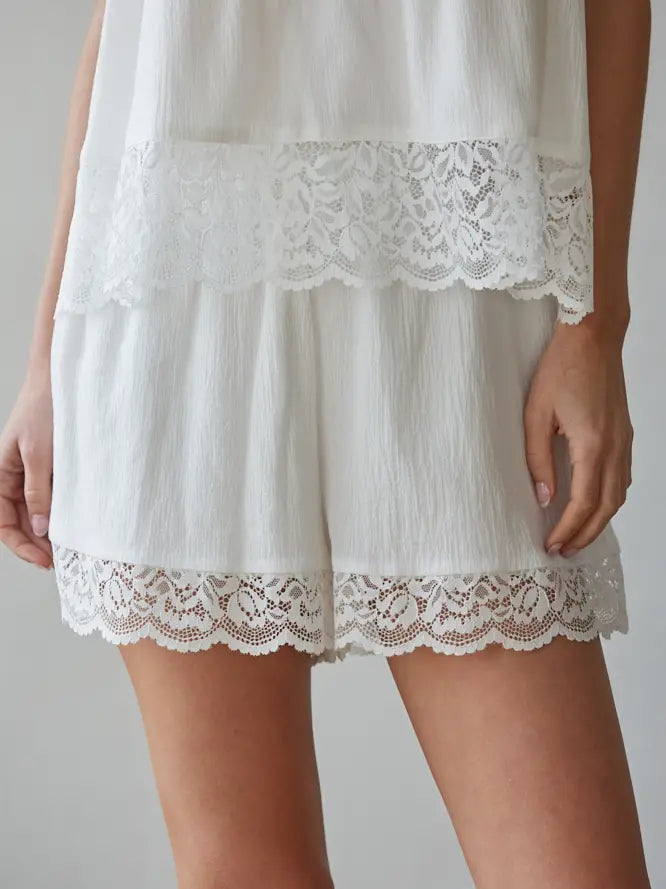 Woven Cotton Shorts with Lace Trim