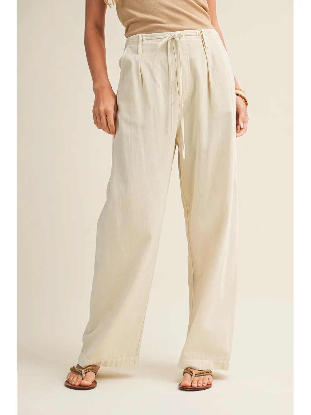 Pleated Drawstring Waist Wide-Leg Dyed Pant