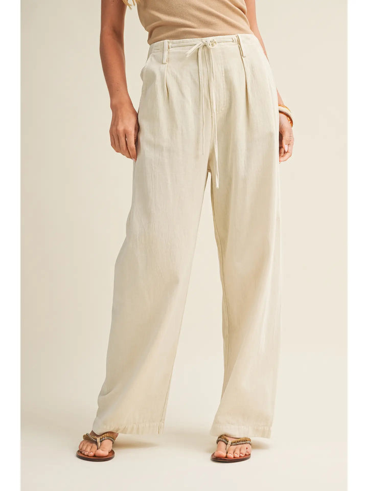 Pleated Drawstring Waist Wide-Leg Dyed Pant