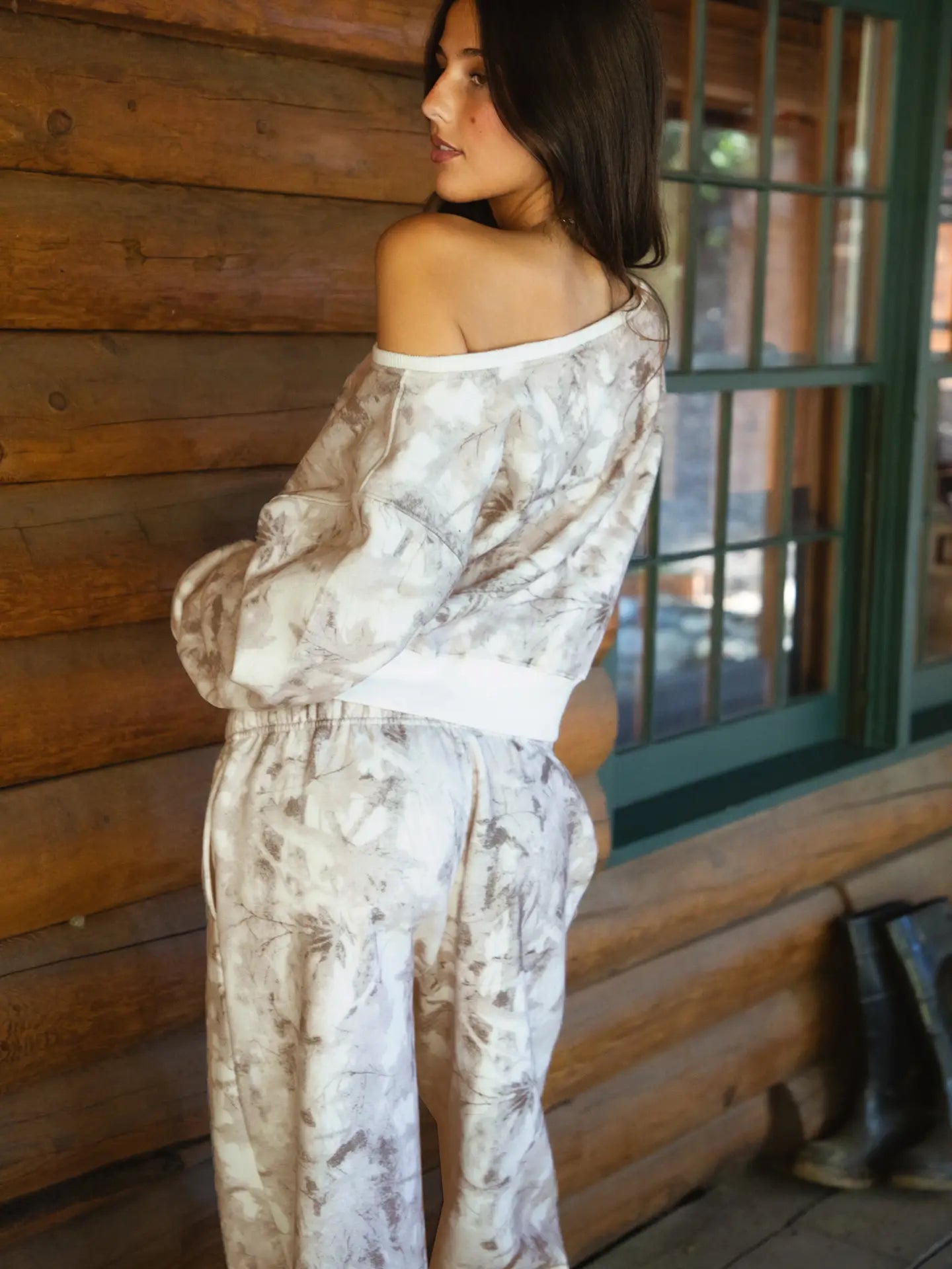 Avery Light Woodland Camo Off the Shoulder Fleece Sweatshirt