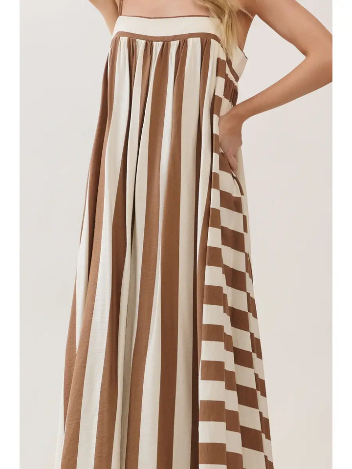 Mocha Striped Print Sleeveless Maxi Dress