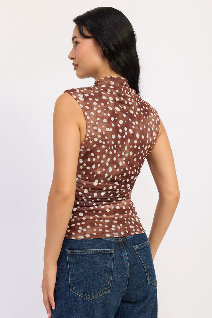Sleeveless Fitted Mesh Fawn Print Top