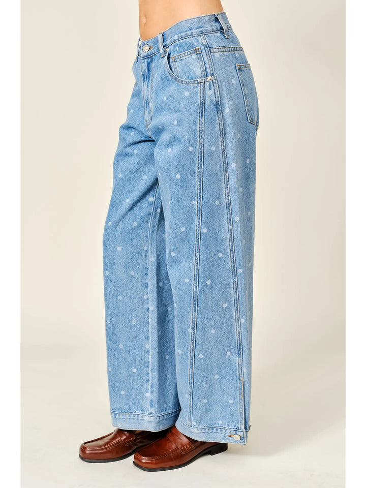 Polka Dot Curved Seam Denim Pants