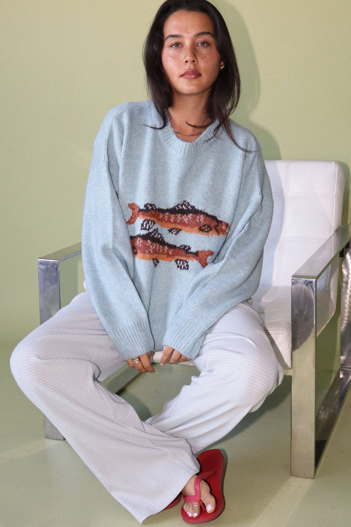 Daisy Blue Trout Graphic Knit Sweater
