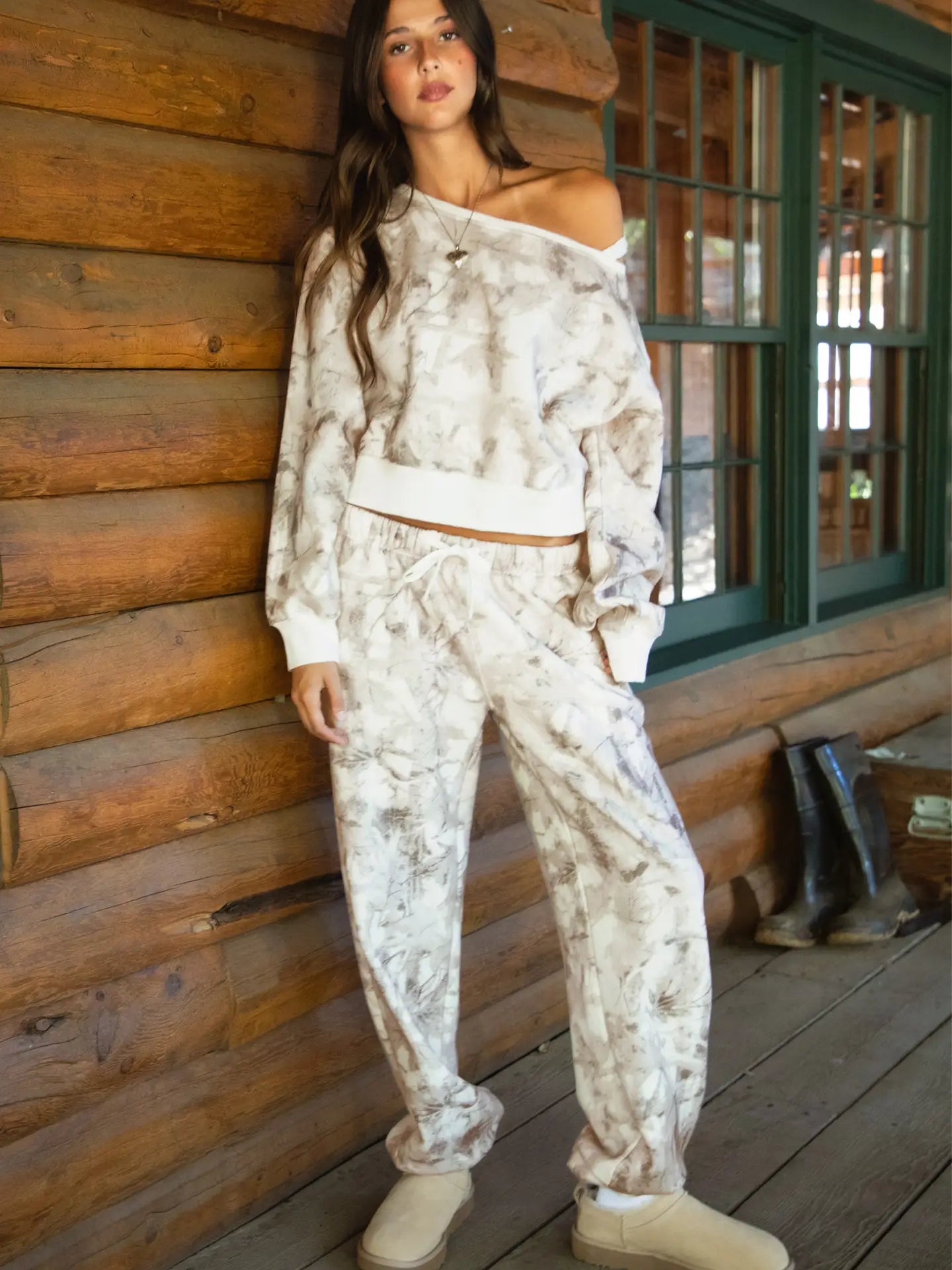 Avery Light Woodland Camo Off the Shoulder Fleece Sweatshirt