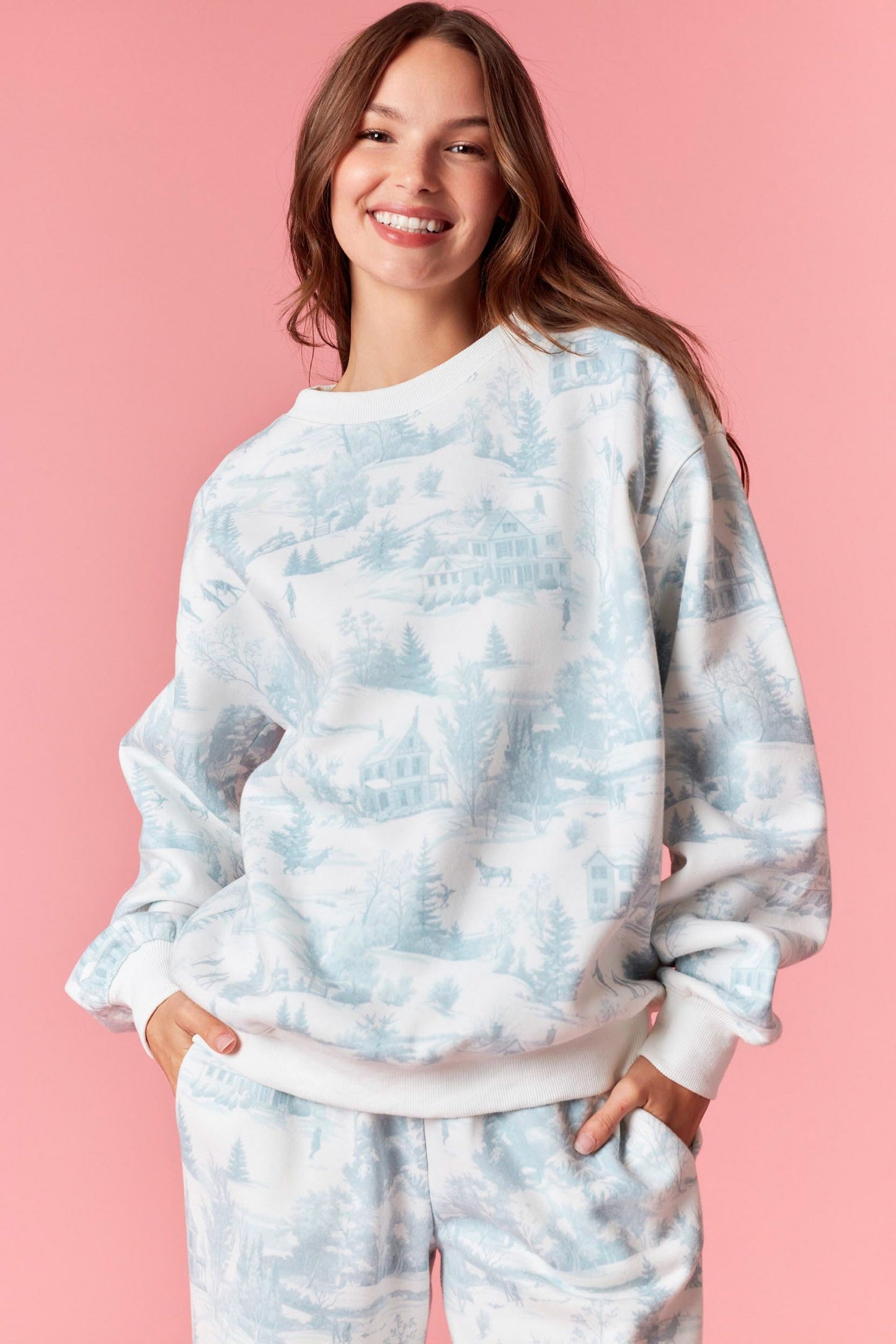 Holiday Scenery Printed Fleece Terry Sweatshirts