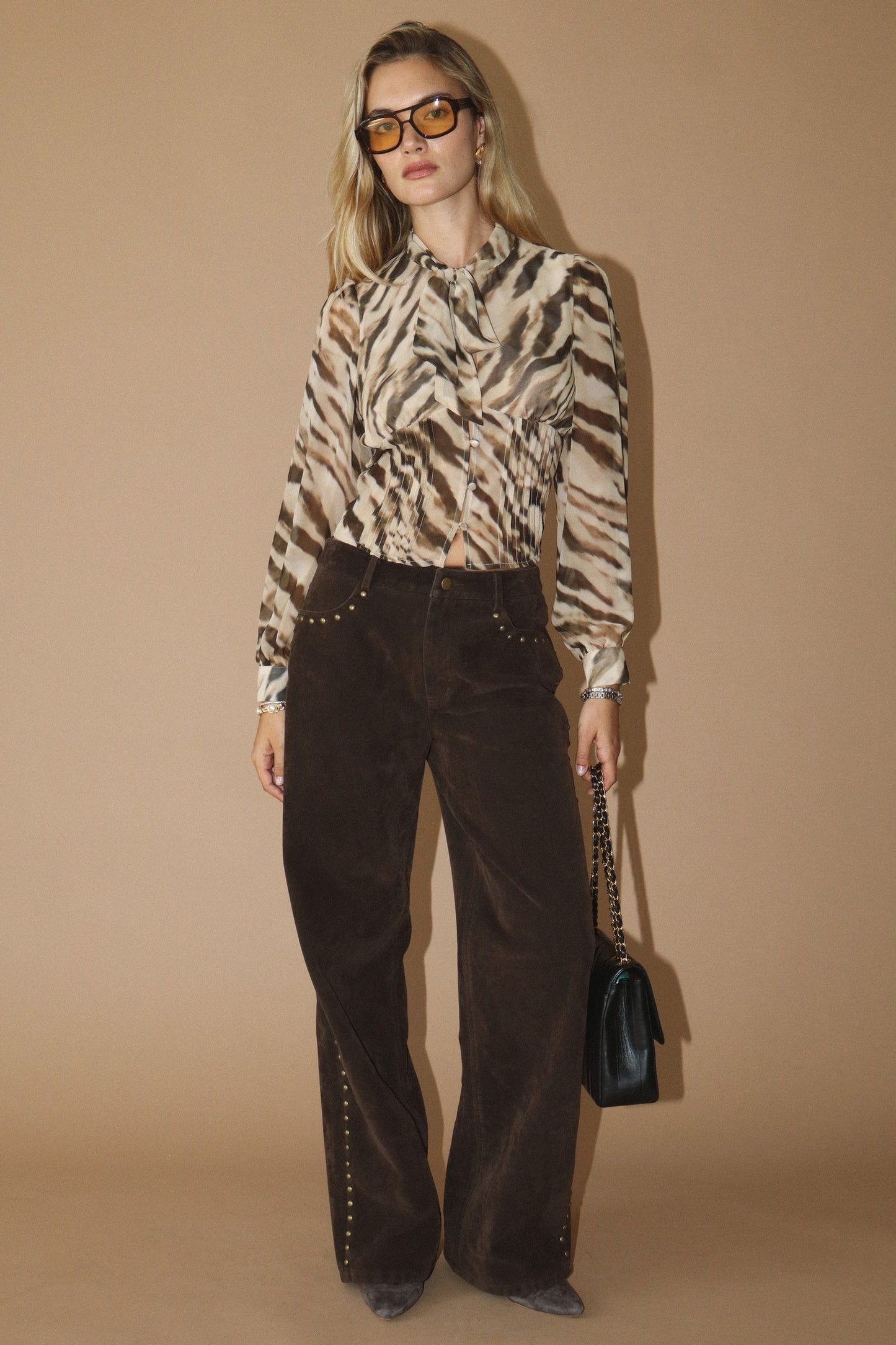 Sheer Blouse With Tie Neck And Zebra Print