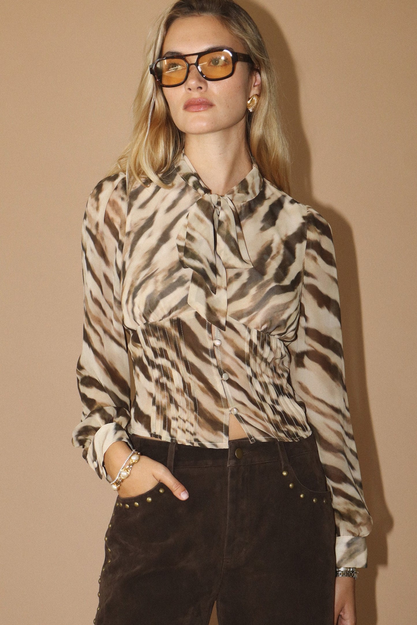 Sheer Blouse With Tie Neck And Zebra Print