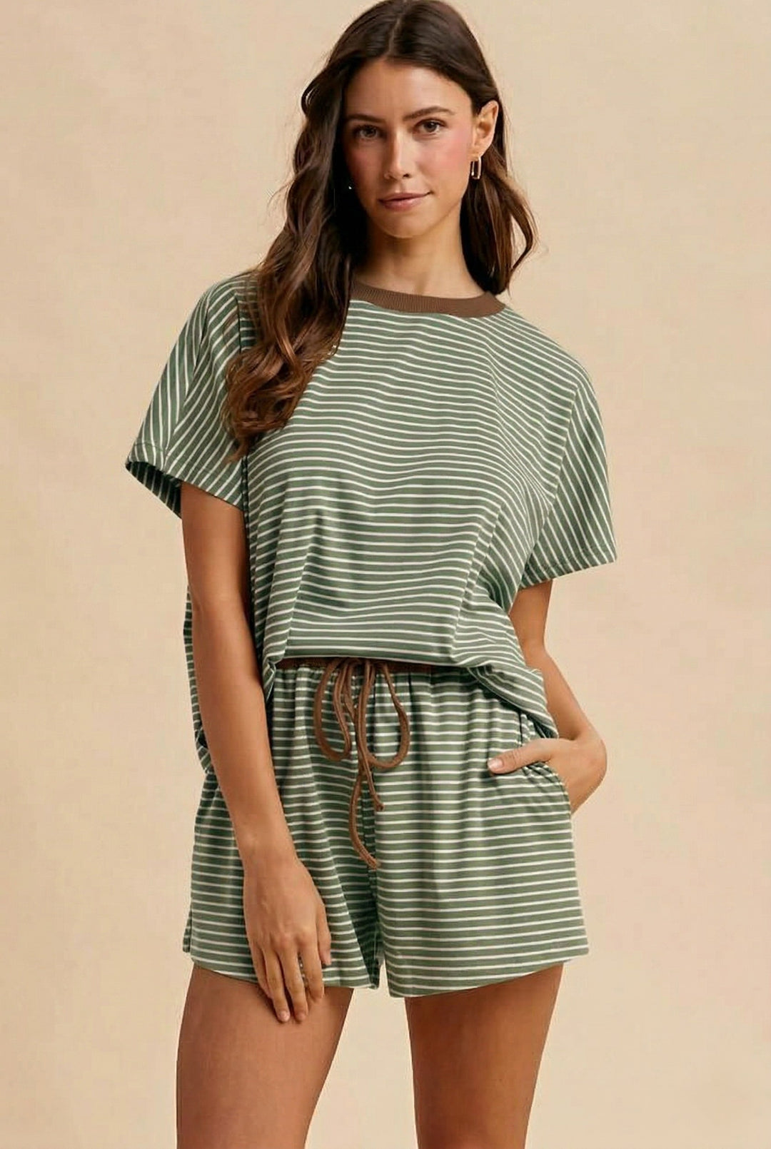 Olive/Brown Striped Knit Shorts