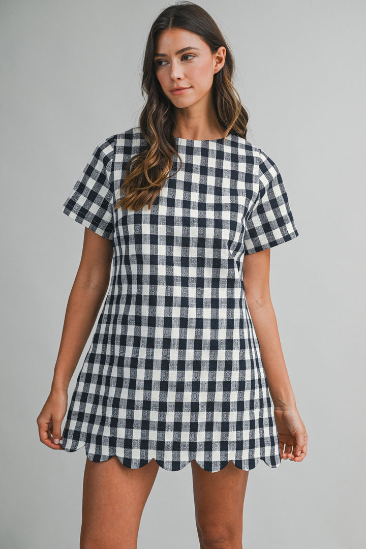 Plaid A-line Mini Dress With Scallop Hem