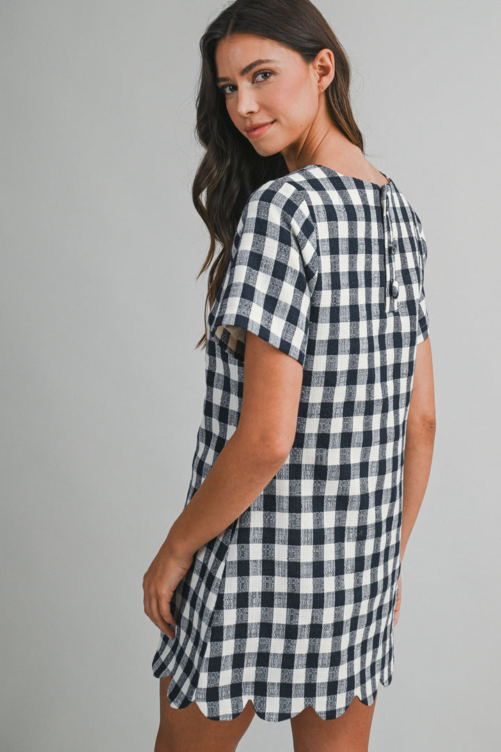Plaid A-line Mini Dress With Scallop Hem