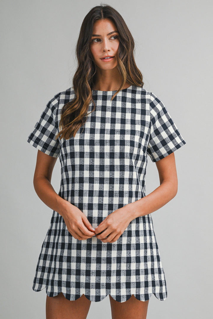 Plaid A-line Mini Dress With Scallop Hem