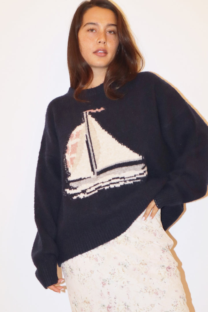 Sailboat Knit Fuzzy Sweater