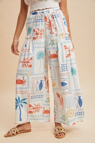 Coastal Motif Printed Wide Leg Palazzo Pants