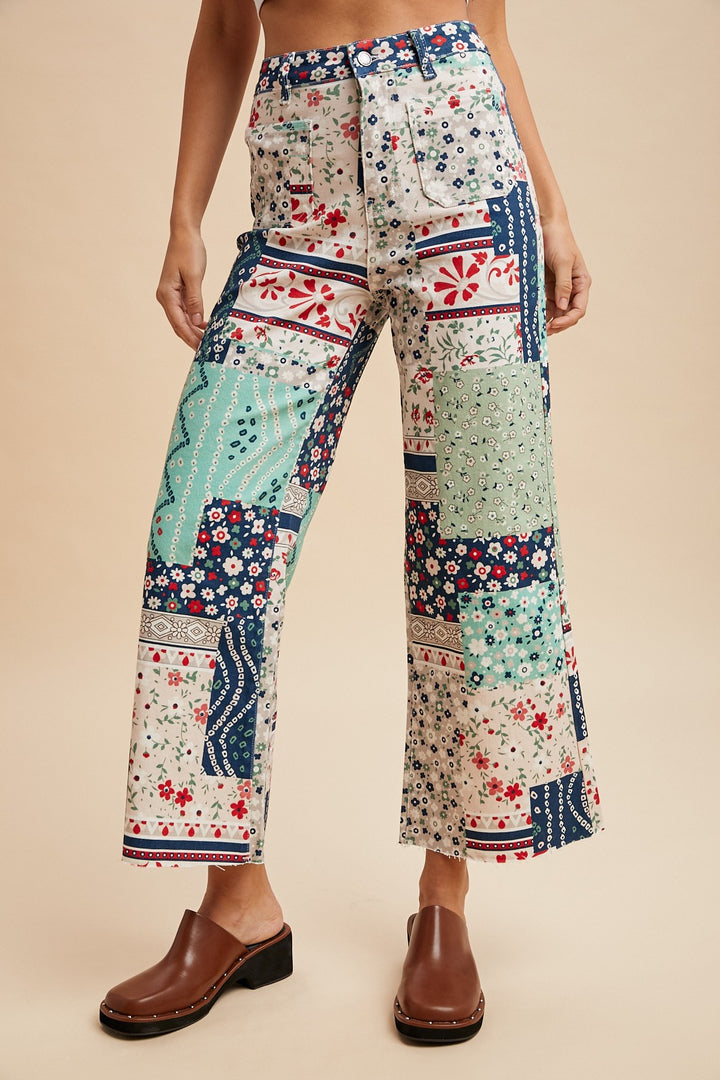 Floral Patchwork Print Cropped Flare Pants