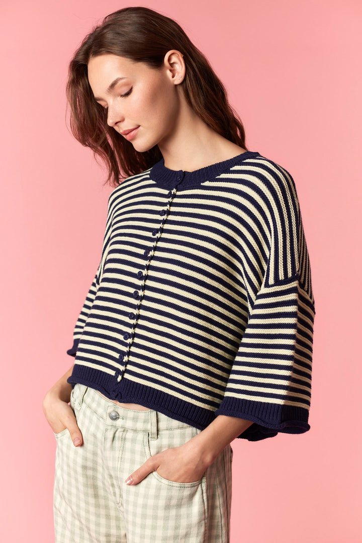Navy/Cream Thin Stripe Curly Edge Oversized Cardigan